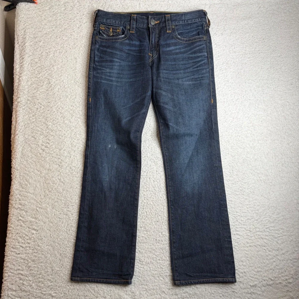 True Religion Ricky Relaxed Straight Leg Jeans Dark Wash Indigo Blue Mens 33x30